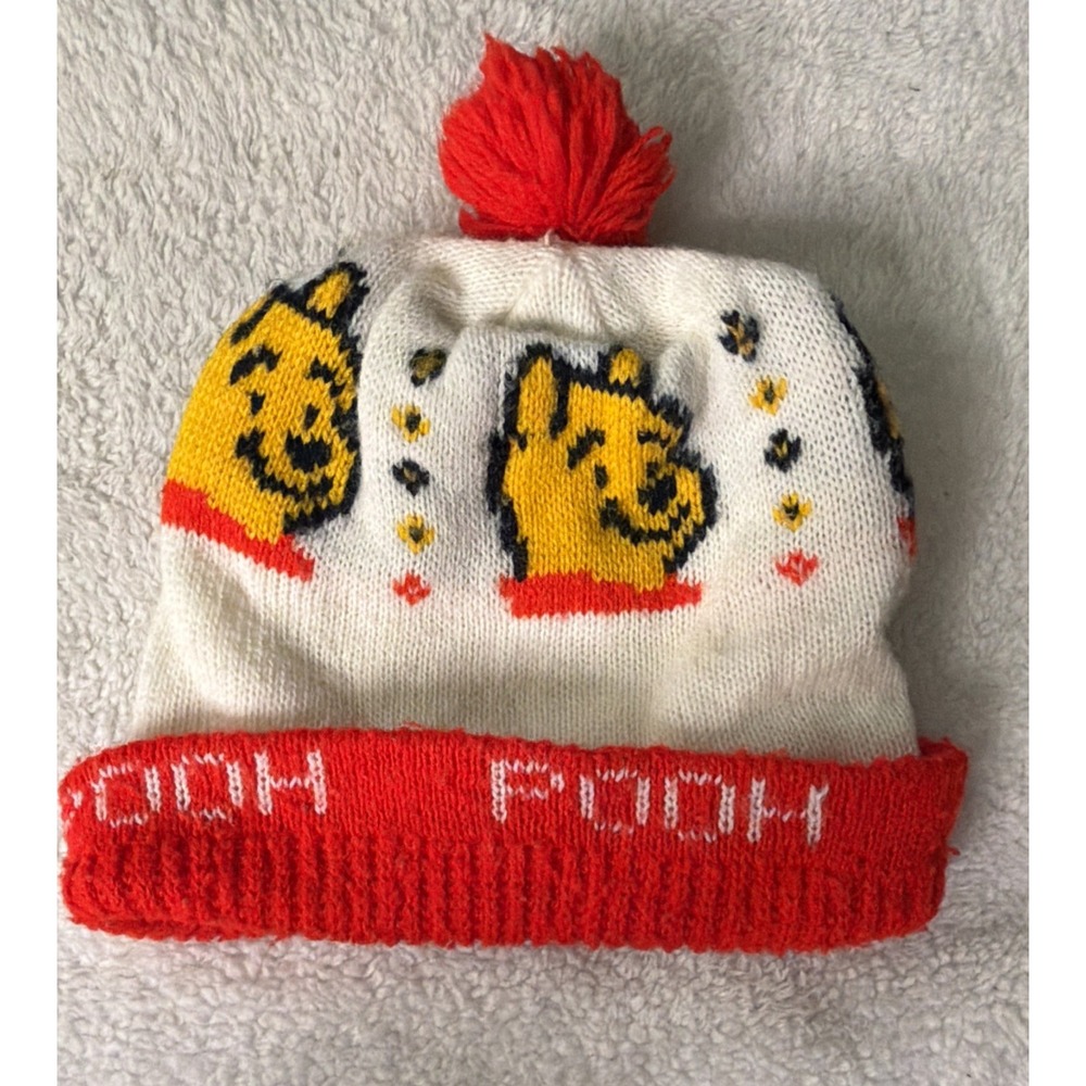 Disney Winnie the Pooh Beanie Hat Pom Pom Vtg Print Acrylic One Size 90's